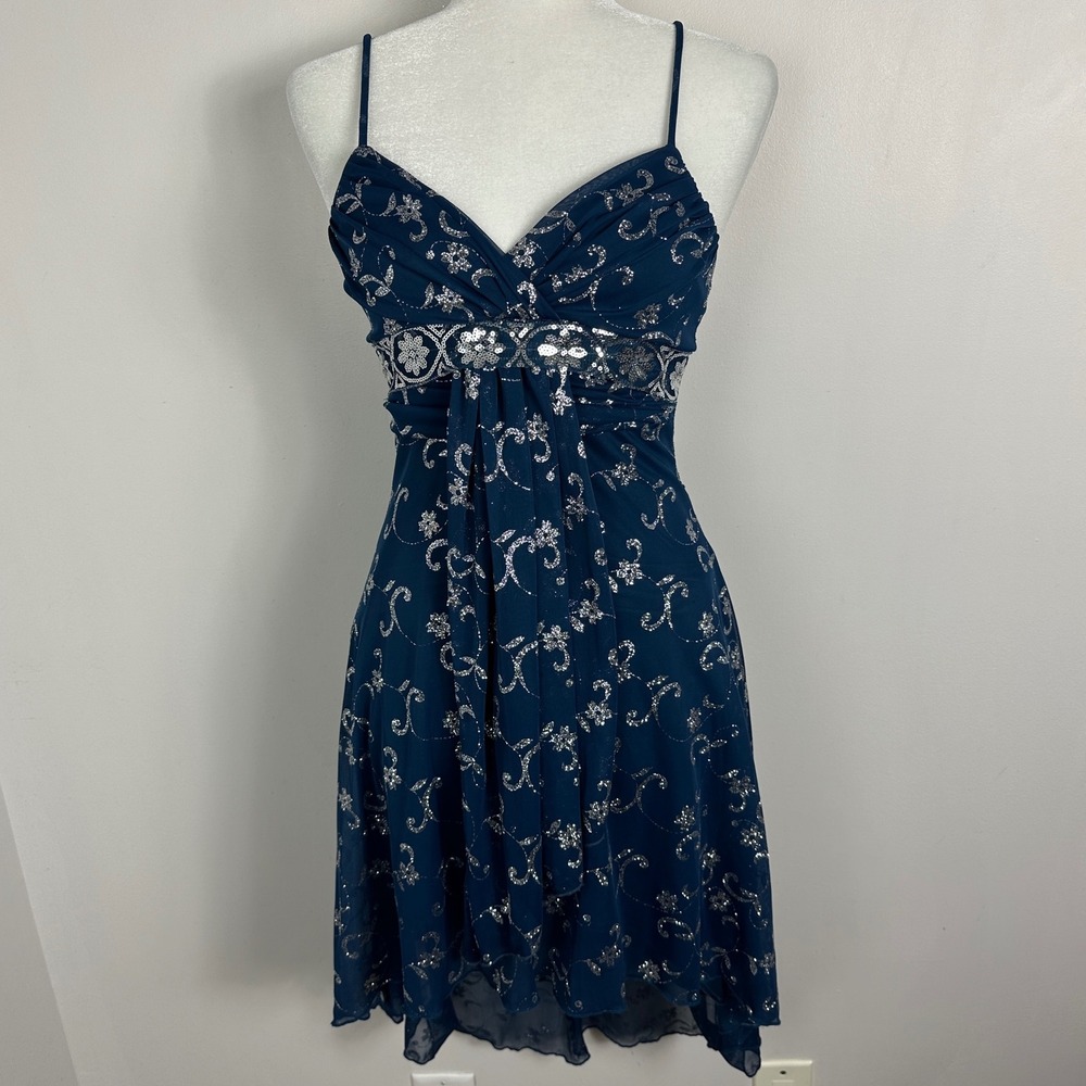 Vintage Y2K Babydoll Glitter Blue Silver‎ Mini Party Dress Sz XS Mariposa Canada